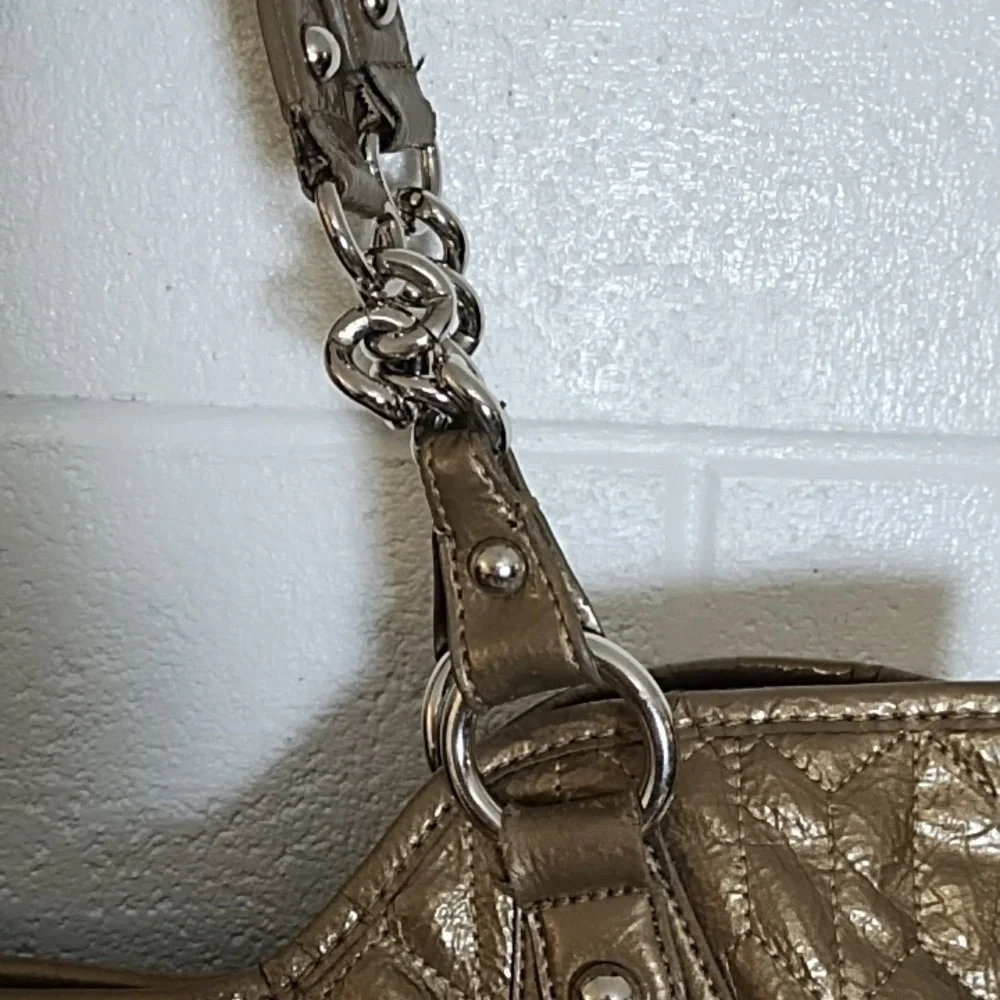 Gold Quilted Shoulder Bag with Chain Handles